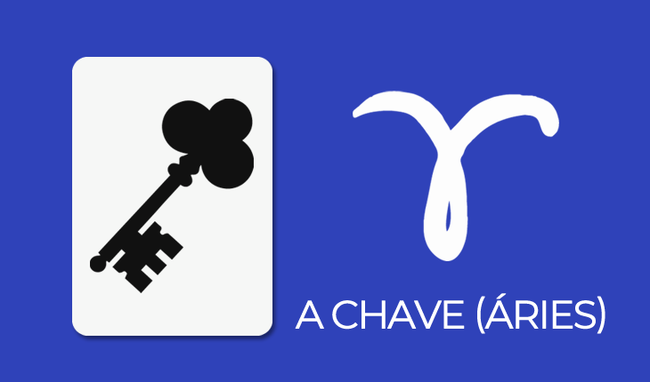 Baralho Cigano para 2020: fundo azul, imagem de uma chave à esquerda e à direita símbolo de Áries com a legenda: a chave (Áries) embaixo
