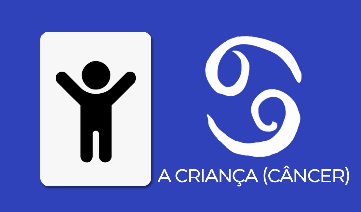 Baralho Cigano para 2020: fundo azul, imagem de uma carta com criança à esquerda e à direita símbolo de Câncer com a legenda: A criança (Câncer) embaixo