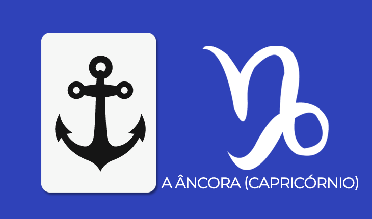 Baralho Cigano para 2020: fundo azul, imagem de uma âncora à esquerda e à direita símbolo de Capricórnio com a legenda: a âncora (Capricórnio) embaixo