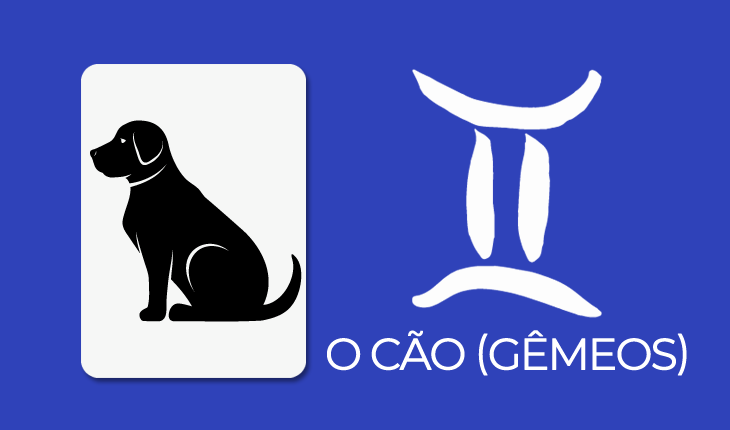 Baralho Cigano para 2020: fundo azul, imagem de uma carta com cão à esquerda e à direita símbolo de Gêmeos com a legenda: O cão (Gêmeos) embaixo