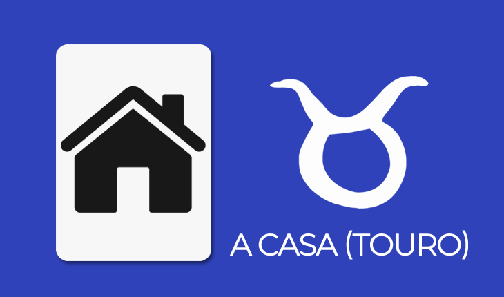 Baralho Cigano para 2020: fundo azul, imagem de uma carta com casa à esquerda e à direita símbolo de Touro com a legenda: a casa (Touro) embaixo
