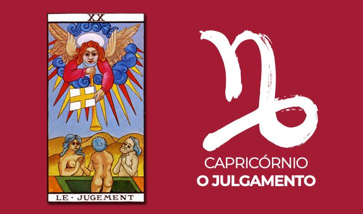 tarô do amor para 2020: carta O Julgamento à esquerda com símbolo de Carpicórnio à direita