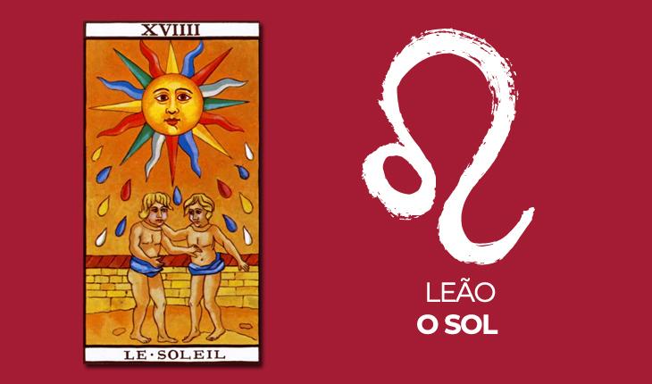 tarô do amor para 2020: carta O Sol à esquerda com símbolo de Leão à direita