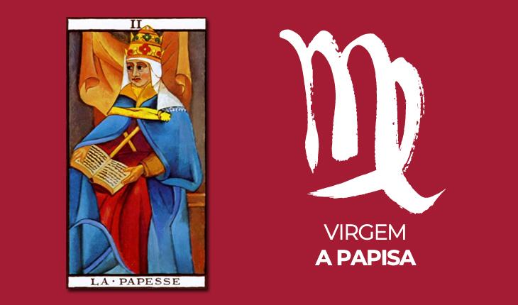 tarô do amor para 2020: carta A Papisa à esquerda com símbolo de virgem à direita