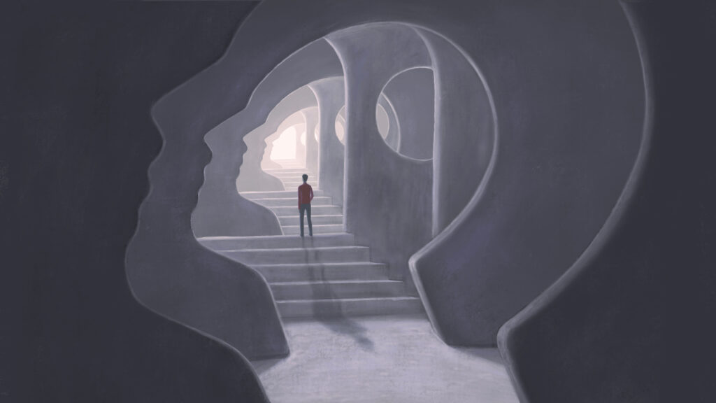 Imagem ilustrativa de uma pessoa em pé no fundo da mente humana