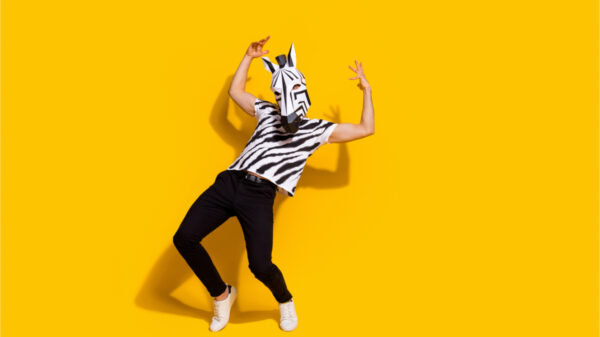 Foto em tamanho real de um cara de máscara de zebra isolado sobre o fundo de cor amarela brilhante.