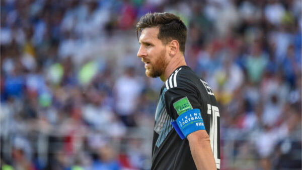 Capitão da equipe nacional de futebol da Argentina, Lionel Messi, durante a Copa do Mundo da FIFA 2018, partida Argentina x Islândia (1-1).
