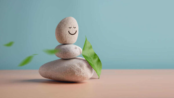 Aproveitando a vida, harmonia e conceito de mente positiva. Pilha de pedra estável com desenho de rosto sorridente e folha. Serenidade, equilíbrio, corpo, mente, alma e espírito.