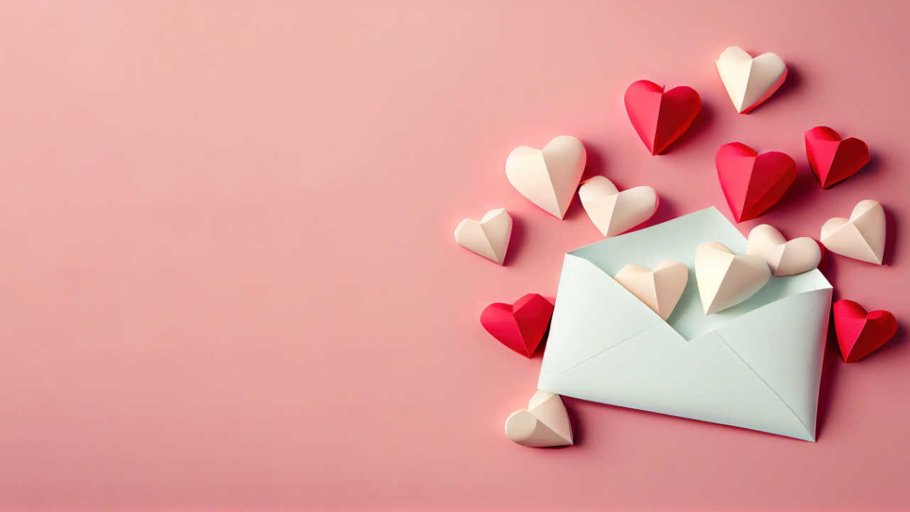 cartão com corações de papel em fundo rosa