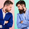 dois homens se encarando. Ambos usam roupa social. Um homem está em fundo rosa e outro em fundo azul