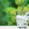 à direita um copo de vidro sendo enchido de água em um fundo de folhas verdes natural desfocado