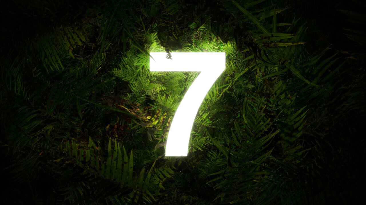 letreiro do número sete iluminado e o fundo são folhas de plantas verdes em sombra