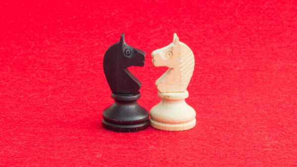 Peças de xadrez de cavalo branco e cavalo preto, tradicionalmente confrontados no jogo de xadrez, reconciliando-se. Imagem em um fundo vermelho isolado.