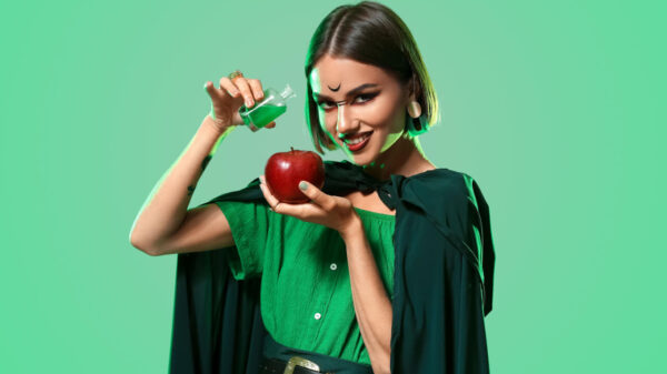 Mulher vestida de bruxa segurando uma maçã e uma poção em um fundo de cor verde.