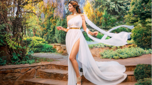 Mulher fantasiada de deusa grega, caminhando em um jardim na primavera, com flores e árvores em meio à natureza, em um dia de luz solar, usando um vestido de seda branco esvoaçante, usando uma diadema de ouro na cabeça, descendo as escadas.