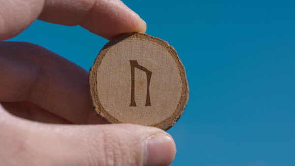Peça de madeira com uma runa nórdica gravada, especificamente a Uruz.