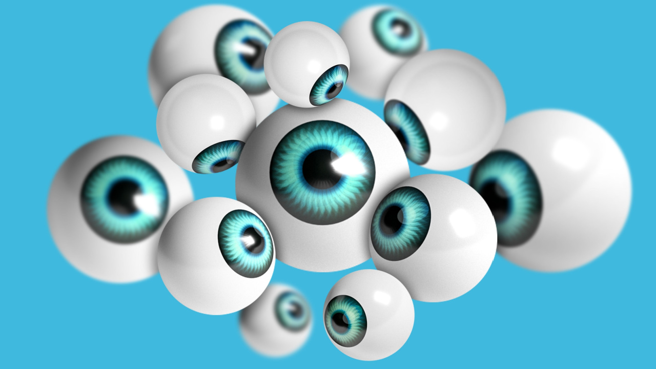 uma montagem com doze olhos azuis ocupando a parte central da imagem em fundo azul