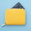 no centro uma carteira amarela com um cartão de crédito em fundo azul
