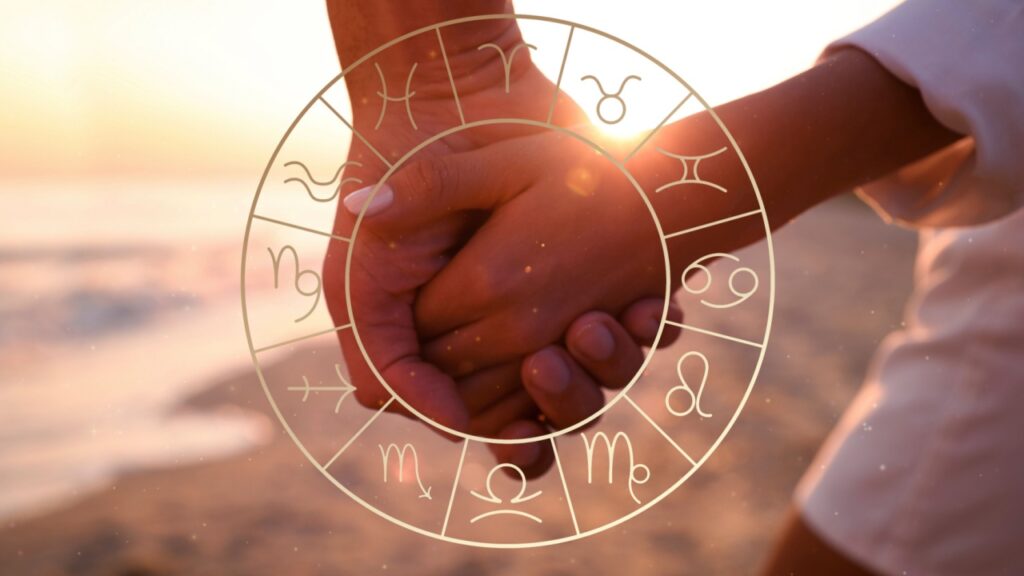 montagem de mãos dadas em uma praia com a mandala astrológica em cima