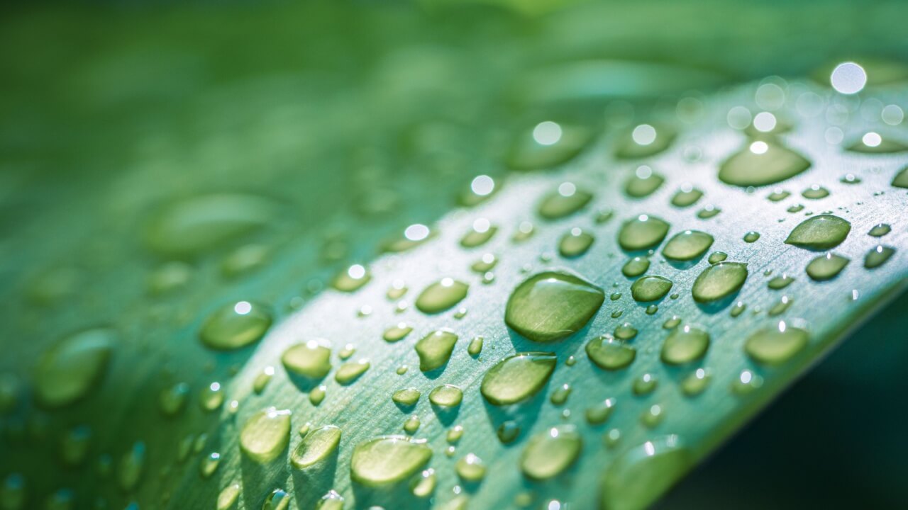 imagem de uma folha verde coberta por orvalho