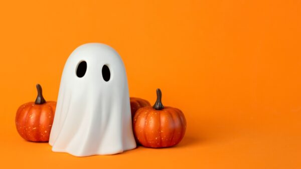 à esquerda há um fantasminhas e duas abóboras de halloween e o resto da imagem é um fundo laranja