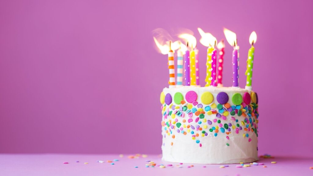 imagem de um bolo de aniversário com velas coloridas e fundo roxo